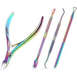 Nagelriemtang, huidtang, 4-delige nagelriemtang met nagelriemduwer, roestvrij staal, professionele nagelriemverwijderaar van roestvrij staal voor precisie, pedicure, vingernagels, kleurrijk.