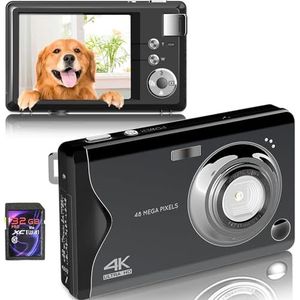 Digitale camera, 4K HD 1080p 48MP fotocamera, compacte camera, mini-digitale camera met 32 GB SD-kaart, FHD fotocamera, digitale camera met lcd-scherm, 16 x digitale zoom voor beginners (zwart)