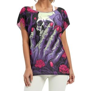 Abstracte paarse schedel vrouwen korte vleermuismouwen shirt ronde hals T-shirts losse tops voor meisjes, Patroon, M