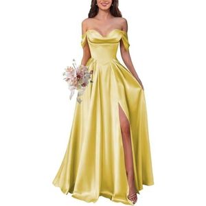 KURFACE Satijnen baljurk voor dames met split geplooide off-shoulder baljurk vloerlengte korset formele avondjurk, Geel, 32
