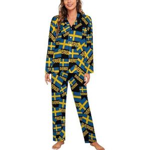 Zweden Zweedse Vlag Lange Mouw Pyjama Sets Voor Vrouwen Klassieke Nachtkleding Nachtkleding Zachte Pjs Lounge Sets