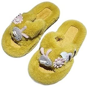 Vrouwen Open Toed Fuzzy Slippers,Leuke Huisschoenen Indoor Outdoor Warm Comfortabel Ademend voor herfst en winter, Geel, 36 EU