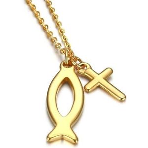 BOBIJOO Jewelry - Kruis hanger Evangelische Ichthus Vis Jezus Stalen Gouden Chain Ketting 28mm Gispy Doop