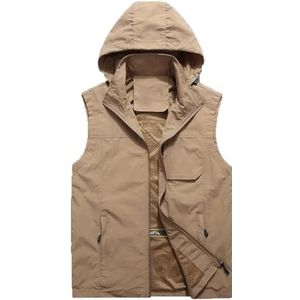 Pegsmio Outdoor Vest Voor Mannen Grote Zak Hooded Jas Streetwear Vest, Kaki, 3XL