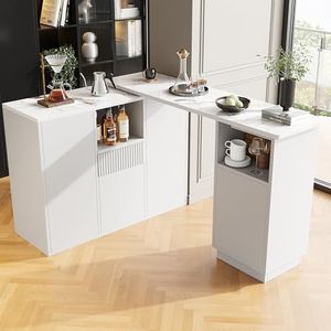 360° draaibare bartafel (hoofddeel 198,5 x 30 x 75 cm), modern en eenvoudig zwart design, met open opbergruimte en marmeren werkblad, multifunctioneel opberglazuur (wit)