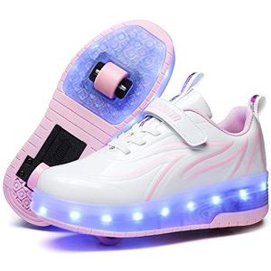 Unisex Kids LED USB Oplaadbare Enkele Dubbele Wielen Trainer Rolschaatsen Schoenen Intrekbare Lichtgewicht Outdoor Sport Cross Trainers Gymnastiek Running Sneakers voor Jongens Meisjes, Pink1689