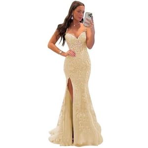 Dames glitter tule galajurk lang voor vrouwen kanten applicaties avondfeestjurken met split, Champagne, 3XL