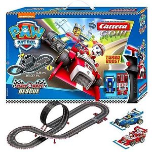 Carrera GO!!! PAW Patrol Ready Race Rescue! Racerouteset | 4,9 m elektrische racebaan met Chase & Marschall | met 2 handregelaars & routeonderdelen | voor kinderen vanaf 6 jaar en volwassenen