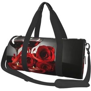 Rode roos en wijn romantische liefhebbers decor, grote capaciteit reizen plunjezak ronde handtas sport reistas draagtas fitness tas, zoals afgebeeld, Eén maat
