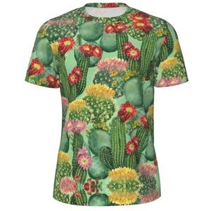 Cactus T-shirt voor heren, met bloemenprint en bloemenprint, ademend, koel en droog mesh, basislaag, top, hardloopshirt met korte mouwen, Zwart, S