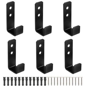 AOROPS 6 stuks zware belastbare wandhaken, J-vorm, zwarte kledinghaken, wandhaken om te schroeven, garderobehaken, zware belasting om op te hangen, grote artikelen, wandhouder