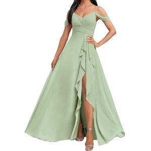 HPPEE Koude Schouder Bruidsmeisjes Jurken met Split Ruches A-lijn Chiffon Formele Avondfeestjurk, Sage Groen, 32