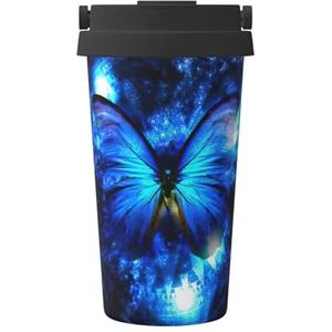 EdWal Blauwe koffiemok met vlinderprint, 500 ml, geïsoleerde campingmok met deksel, reisbeker, geweldig voor elke drank