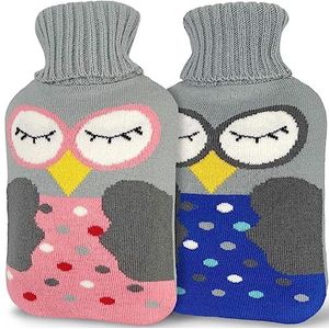 2L warmwaterkruik met deksel, grote schattige rubberen warmwaterzak (2 stuks) voor pijnverlichting, krampen, warme en koude therapie, roze uil en grijze marineuil