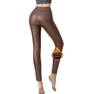 Powder Queen, Legging van kunstleer, elastische leren broek voor dames, met hoge taille en butt lift, gevoerd met fleece, Bruin, XL