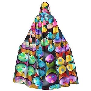 FRESQA Kleurrijke Happy Birthday Cupcakes Unisex Hooded Lange Polyester Cape,Cosplay Kostuums Kerstfeest Vampieren Mantel