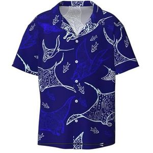 OdDdot Manta Ray en Fish Print Button Down Shirt voor heren, korte mouwen, casual shirt voor heren, zomer, zakelijk, casual overhemd, Zwart, 4XL