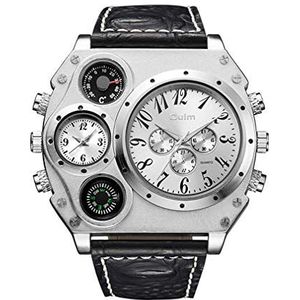 Oulm Analoge Witte Metalen Bezel Vier Zwarte Sub-wijzerplaten Heren Horloge, Wit, riem