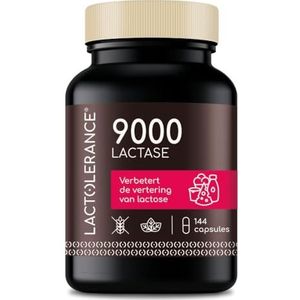LACTOLERANCE 9000 | Lactase voedingssupplement voor lactose-intolerantie | 144 capsules | Verbetert lactosevertering | 1-uurs bescherming op aanvraag | Zonder toevoegingen