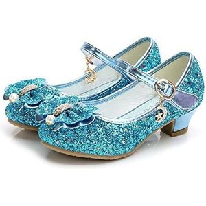 Prinsessenschoenen voor meisjes, glitter, leer, prinsessen-vlinderschoenen voor kinderen, hoge hakken met diamantstrik, glinsterende dansschoenen, mode voor meisjes, Fi-dansschoenen, blauw (Hudie