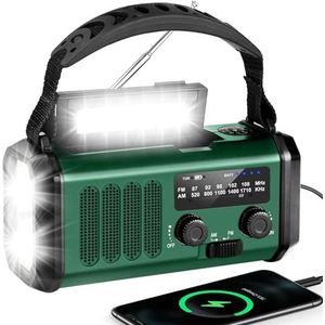 YIKANWEN Slingerradio met 20000mAh Oplaadbare Accu, Draagbare Zonne-radio, Noodradio met Dynamo AM/FM, Powerbank, LED Campinglamp, SOS Alarm, Kompas (Donkergroen)