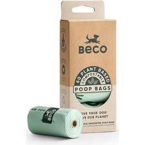 Beco Super sterke en grote poepzakken, composteerbare en geurloze hondenpoepzakjes, 4 rollen à 15, 60 zakken, compatibel met dispenser