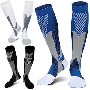3 paar medische en althetische compressie sokken voor mannen, 20-30 mmHg verpleegprestaties sokken voor oedeem, diabetische, spataderen, scheenbeenspieren, rennende marathon (blauw+zwart+wit)