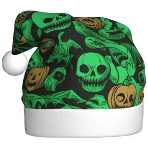 DOFFO Kerstmuts Groene Ghost Horror Halloween Pompoen Gedrukt Pluche Grappige Kerstman Hoed Voor Volwassen Leuke Xmas Hoed Voor Nieuwjaar Feestelijke Feest