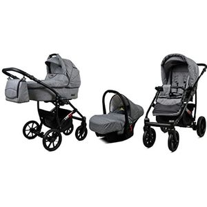 BabyLux Largo 3 in 1 Baby Reis Systeem Kinderwagen Autostoel Afneembare Regenhoes Voetenzak Dragende Wielen Pasgeborene tot Baby Grey Flex Black Frame