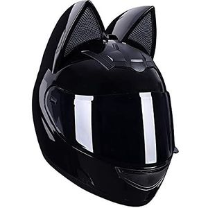 Full Face Cat Ears Motorcycle Helmets,Personality Full Face Modular Motorcycle Helmet Black Sun Visor,All Seasons Breathable Keep Warm Adjustable for Youth Adults Men and Women A,M=54~56cm