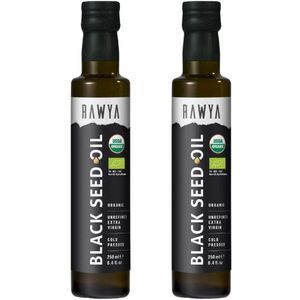 Rawya, Zwarte zaadolie, biologisch, 2 stuks [2x250 ml], koudgeperst, geen additieven, geen conserveringsmiddelen, in glazen fles, Nigella Sativa, zwarte komijnzaadolie, Kalonji, bio, sterke smaak, niet-GMO