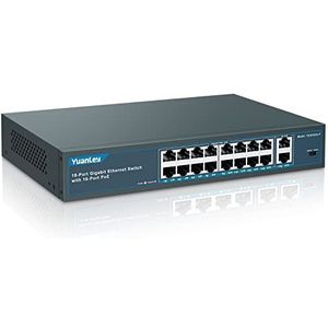 YuanLey 18-Poorts Gigabit PoE-Schakelaar, 16 PoE+ Poort 1000Mbps, 2 Gigabit Uplink, 250W 802.3af/at, Metalen Desktop/Rackmontage, Onbeheerde Plug-and-Play Netwerkschakelaar
