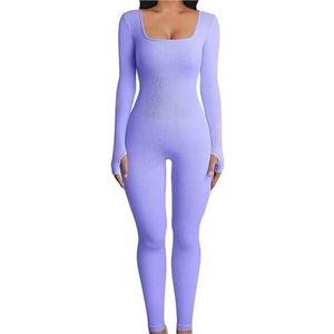 ROEUIPG Slim jumpsuit voor dames, effen, geribbeld, lange mouwen, vierkante hals, nauwsluitend, romper, sport, yoga, playsuit (paars, XX-Large)