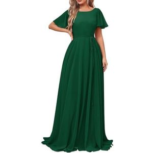 Damesjurken met korte mouwen, lange bruidsmeisjesjurk, chiffon, formele avondjurken met zakken, Emerald Groen, 32