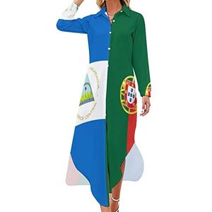 Nicaragua Portugal vlag dames maxi-jurk lange mouwen knopen overhemd jurk casual feest lange jurken M