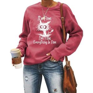 MLZHAN It's Fine I'm Fine Everything Is Fine Dames Sweatshirt Grappig Explosief Haar Kat Print Shirts Lange Mouw Truien Top, Rood 2, S