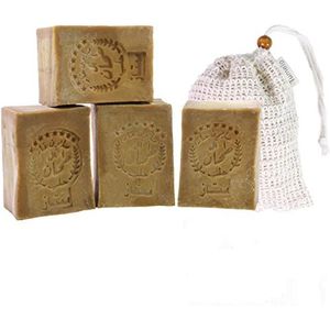 TUMELO Originele Aleppo Zeep 4 x 200g (800g) 90% Olijfolie 10% Laurierolie + Zeepzakje - Handgemaakte olijfoliezeep - Natuurlijke zeep - Vaste haarzeep/Douchzeep