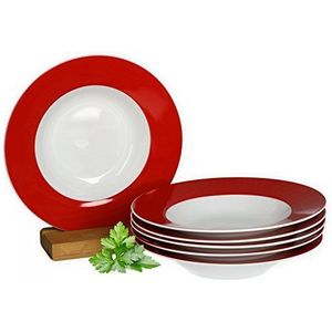 Van Well Vario Soepbordenset, 6-delig, bordenservice voor 6 personen, diepe pastaborden, 21,5 cm, porseleinen set wit met rode rand, saladeborden, magnetronbestendig