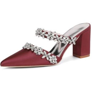 KYEGLO Dames Sandalen Met Spitse Neus En Strass Steentjes, Gesloten Neus, Satijnen Dikke Hak - Sexy Stijl, Perfect Voor Bruiloften En Bruidsfeesten,Burgundy,36