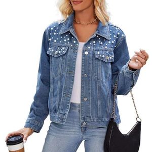 LoprNsdgt Dames Trendy Lente Zomer Parel Denim Jas Lange Mouw Button Up Denim Jas,Blauw,L