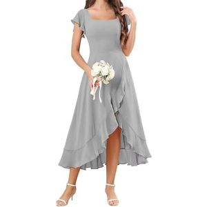 HPPEE Flutter Mouw Chiffon Bruidsmeisjesjurken voor Vrouwen Vierkante Hals Korte Avond Formele Jurk, Zilver, 32