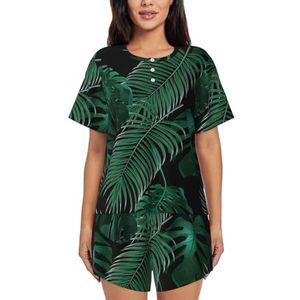 RIVETECH Bananenblad groene print dames pyjama met korte mouwen - comfortabele korte sets, mouwen nachtkleding met zakken, Zwart, XL