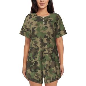 RIVETECH Groene pyjamaset met camouflageprint voor dames met korte mouwen - comfortabele korte sets, nachtkleding met zakken, Zwart, M