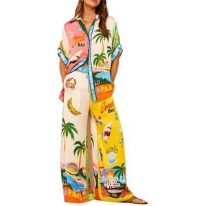 ABPWO Bloemen tweedelige sets voor vrouwen, casual bloemen fruitprint shirt met korte mouwen wijde pijpen broek vakantie Hawaii zomer strand outfits, 1 kleur, XL