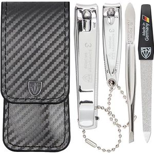DREI SCHWERTER Germany manicureset nagelset 'Bari' - 4-delig van kunstleer in carbon look, inhoud: pincet, saffier nagelvijl, vingernagelknipper, voetnagelknipper, perfect voor in de handtas!