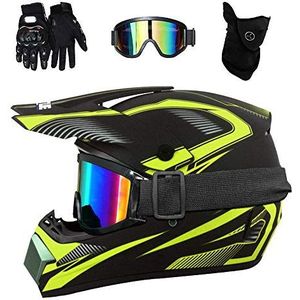 Dubbele Sport Volledige Gezicht MTB Motocross Helm Set, met Bril Handschoenen Masker, Jeugd Kinderen Van de weg af ATV Motor Botsing Helm, Bergafwaarts BMX Enduro Viervoudig Crossmotor Helm ( Color :