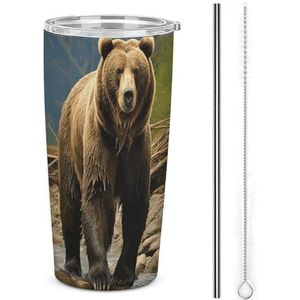 AQRJLPM Bruine beer autobeker roestvrij stalen beker met rietje en deksels lekvrij geïsoleerde roestvrijstalen reiskoffiemok pobtable voor koude warme dranken kamperen