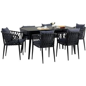 Sunny Tuinmeubelset met 1 uittrekbare eettafel en 6 stoelen, eettafel frame van aluminium in zwart, kabelbespanning van de stoelen in grijs, eetgroep incl. zitkussen en rugkussen, terrasmeubel