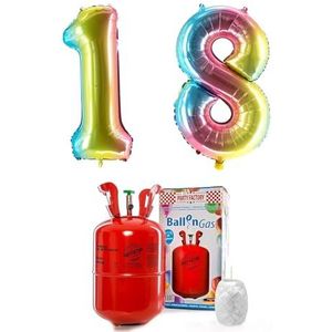 PARTY FACTORY Helium Set ""18"" met XXL nummer ballonnen, ballongas en ballonkoord - voor verjaardag, jubileum, verjaardag; goud, zilver, zwart, roze, roségoud, kleurrijk (regenboog)