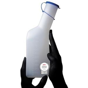 Urineflesje voor mannen, 1000 ml, vierkant, melkachtig met blauwe sluiting: desinfecteerbare en hittebestendige urineverzamelcontainer voor mannen